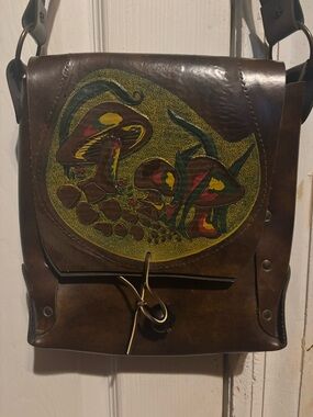 Vintage Handcrafted Brown Leather Messenger Bag with Mushroom Artwork
